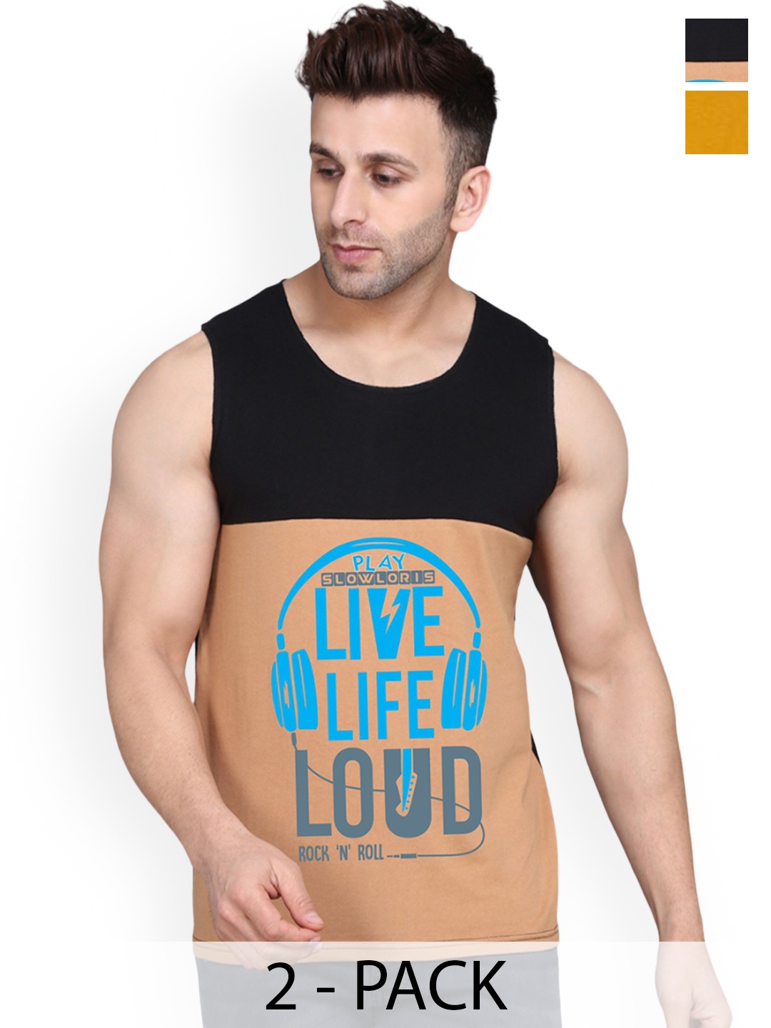 

SLOWLORIS Pack of 2 Men Printed Round Neck Sleeveless Innerwear Vests, Yellow