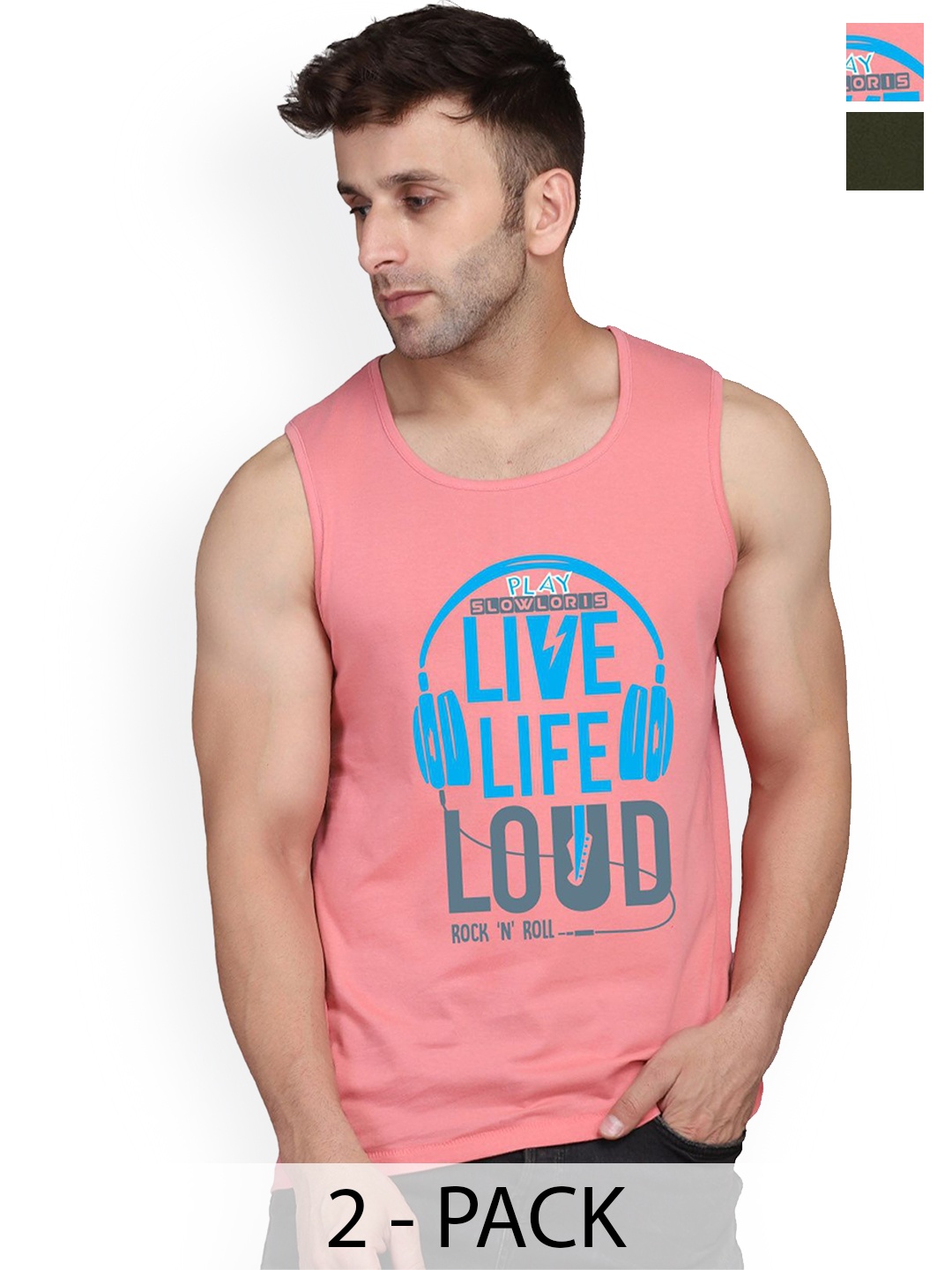 

SLOWLORIS Pack of 2 Men Printed Round Neck Sleeveless Innerwear Vests, Peach