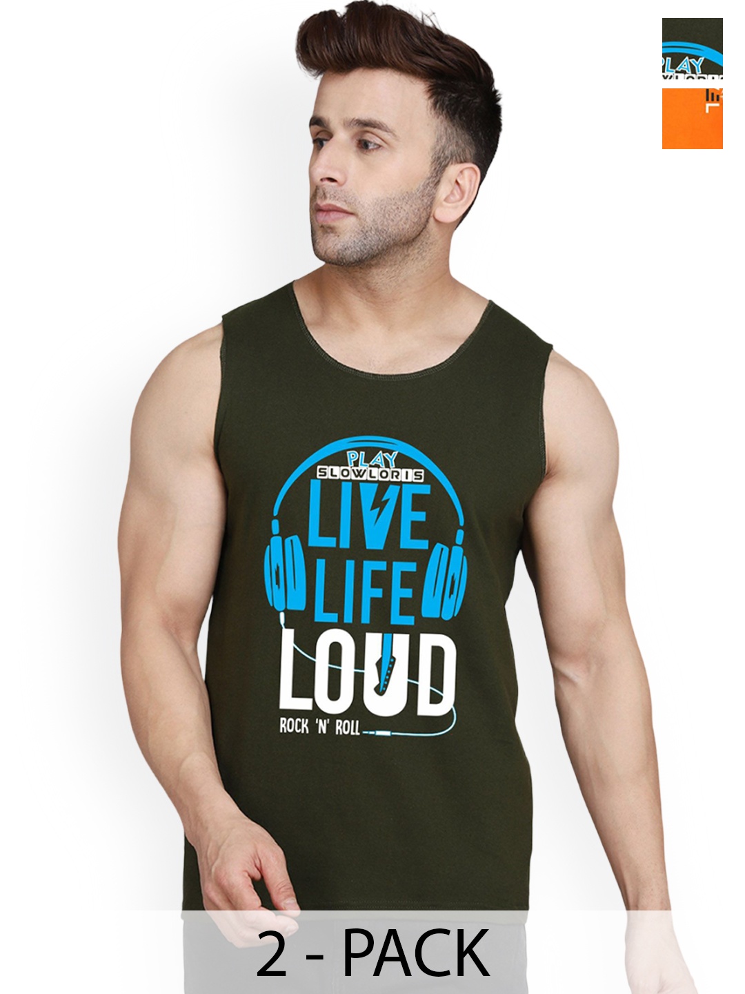 

SLOWLORIS Men Pack Of 2 Printed Gym Vests, Olive