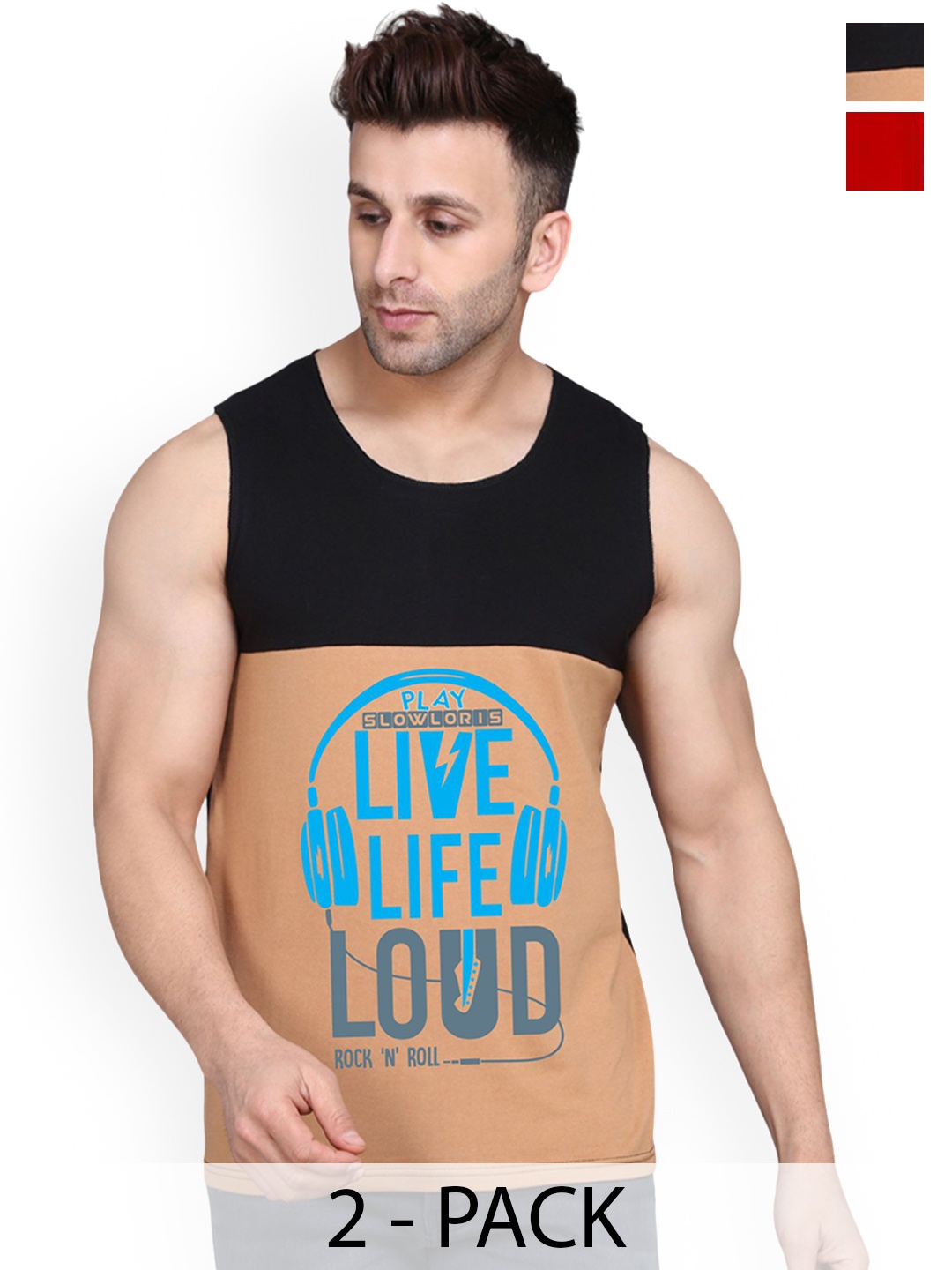 

SLOWLORIS Men Pack Of 2 Printed Cotton Gym Innerwear Vests, Red