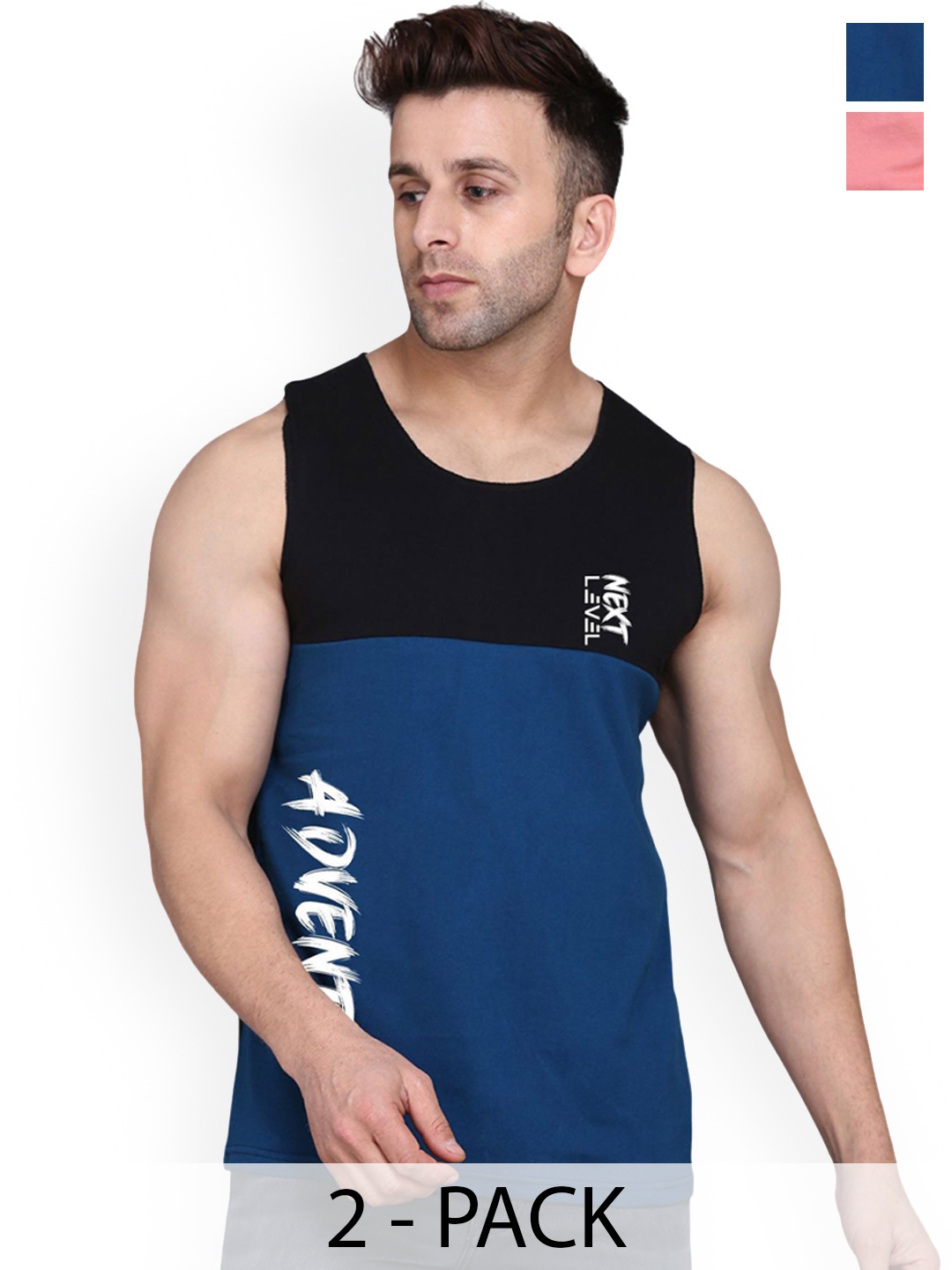 

SLOWLORIS Men Pack Of 2 Printed Sleeveless Gym Vests, Peach
