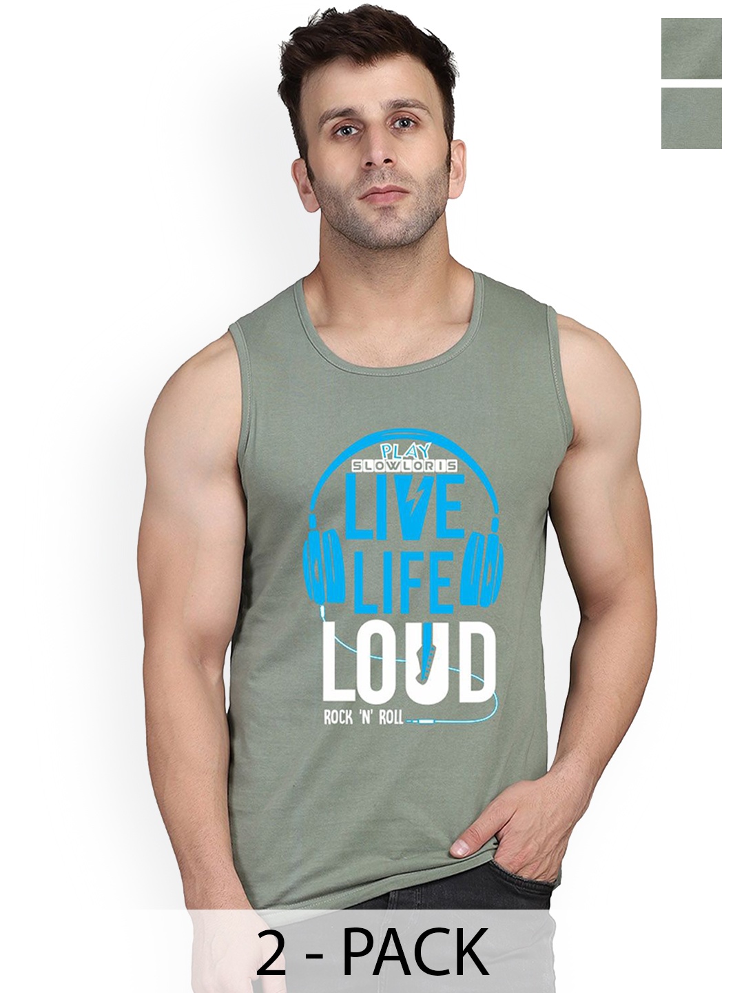 

SLOWLORIS Pack of 2 Men Printed Round Neck Sleeveless Innerwear Vests, Green