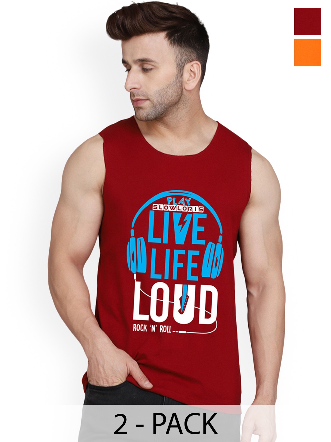

SLOWLORIS Men Pack Of 2 Printed Pure Cotton Gym Vests, Maroon