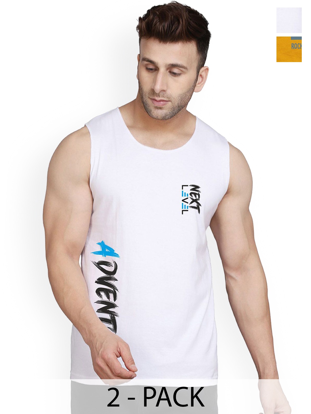 

SLOWLORIS Men Pack Of 2 Printed Sleeveless Gym Vests, Mustard