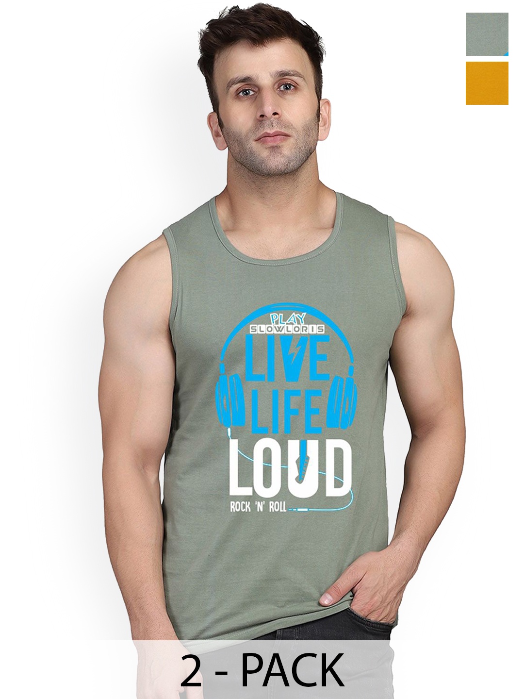 

SLOWLORIS Pack Of 2 Men Printed Cotton Vests- SL26 COMBO (LOUD LGTGREEN) (ADV MUSTARD), Green