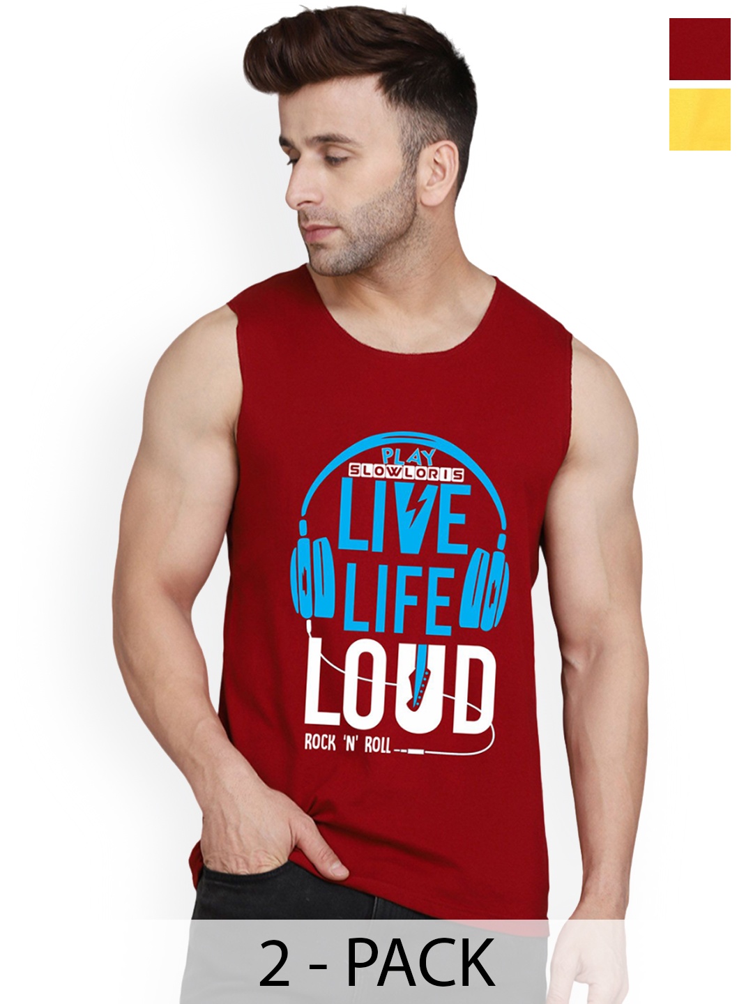

SLOWLORIS Pack of 2 Printed Gym Vests SL26 COMBO (LOUD MAROON) (ADV YELLOW), Red