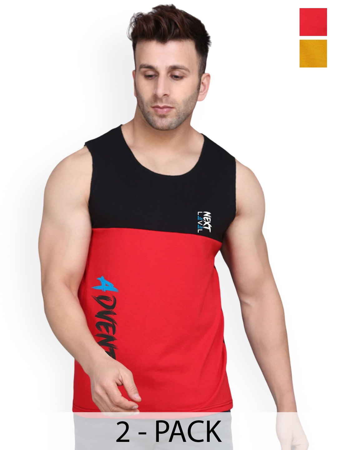 

SLOWLORIS Men Pack Of 2 Printed Cotton Gym Innerwear Vests, Mustard