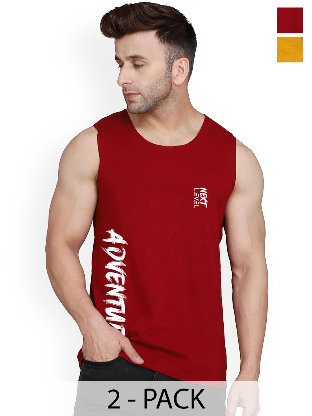 

SLOWLORIS Men Pack Of 2 Printed Pure Cotton Gym Innerwear Vests, Mustard