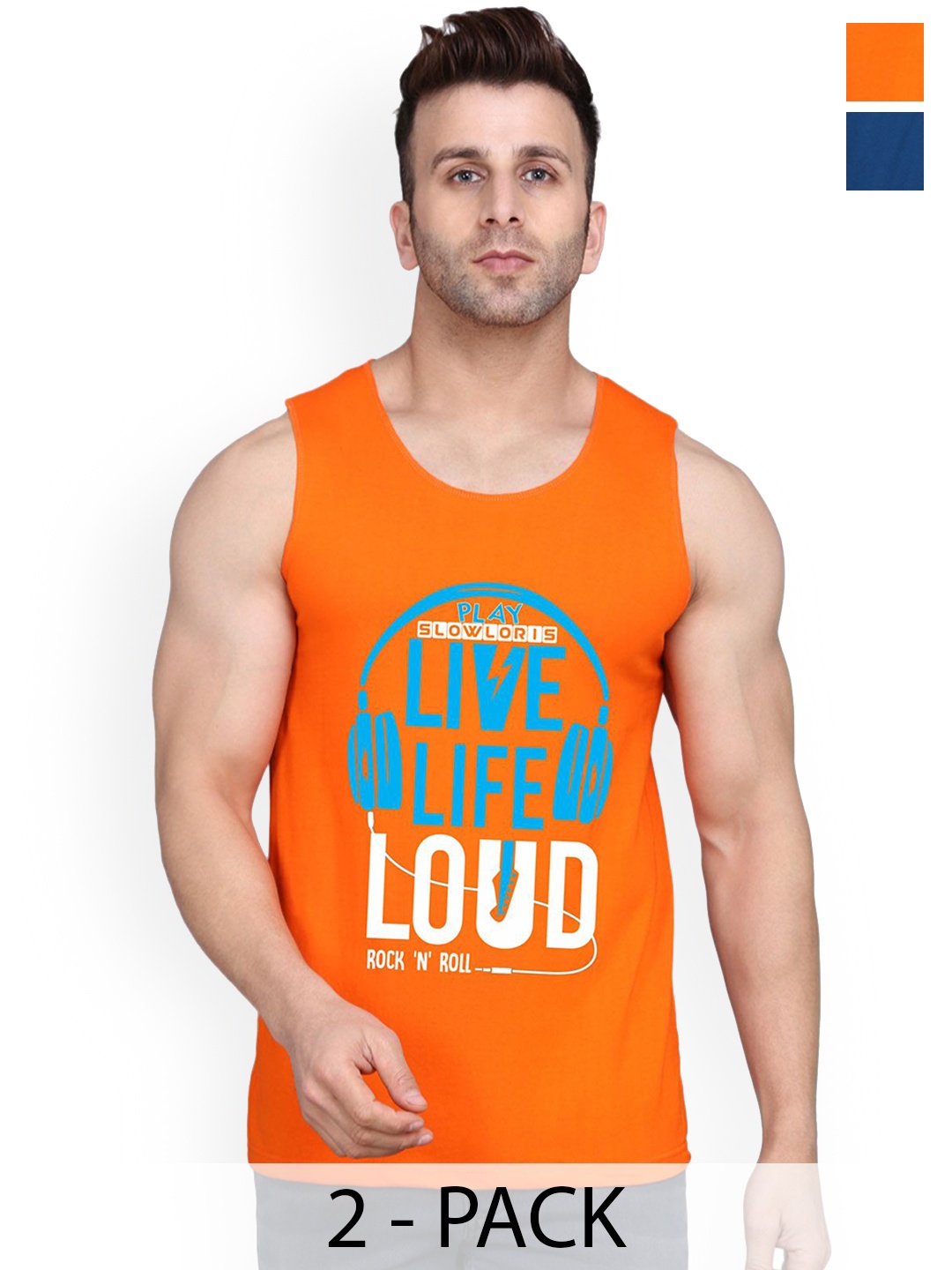 

SLOWLORIS Pack Of 2 Men Printed Cotton Vests- SL26 COMBO (LOUD ORANGE) (ADV BLKPCK)