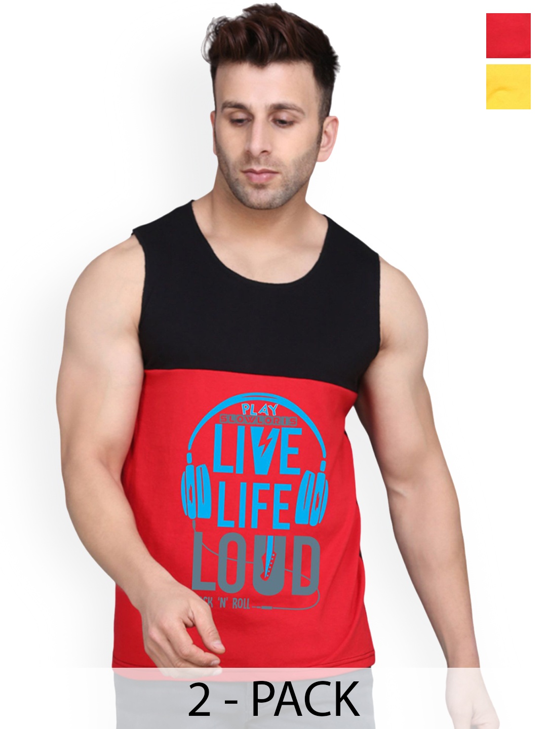 

SLOWLORIS Pack of 2 Printed Innerwear Vests, Black