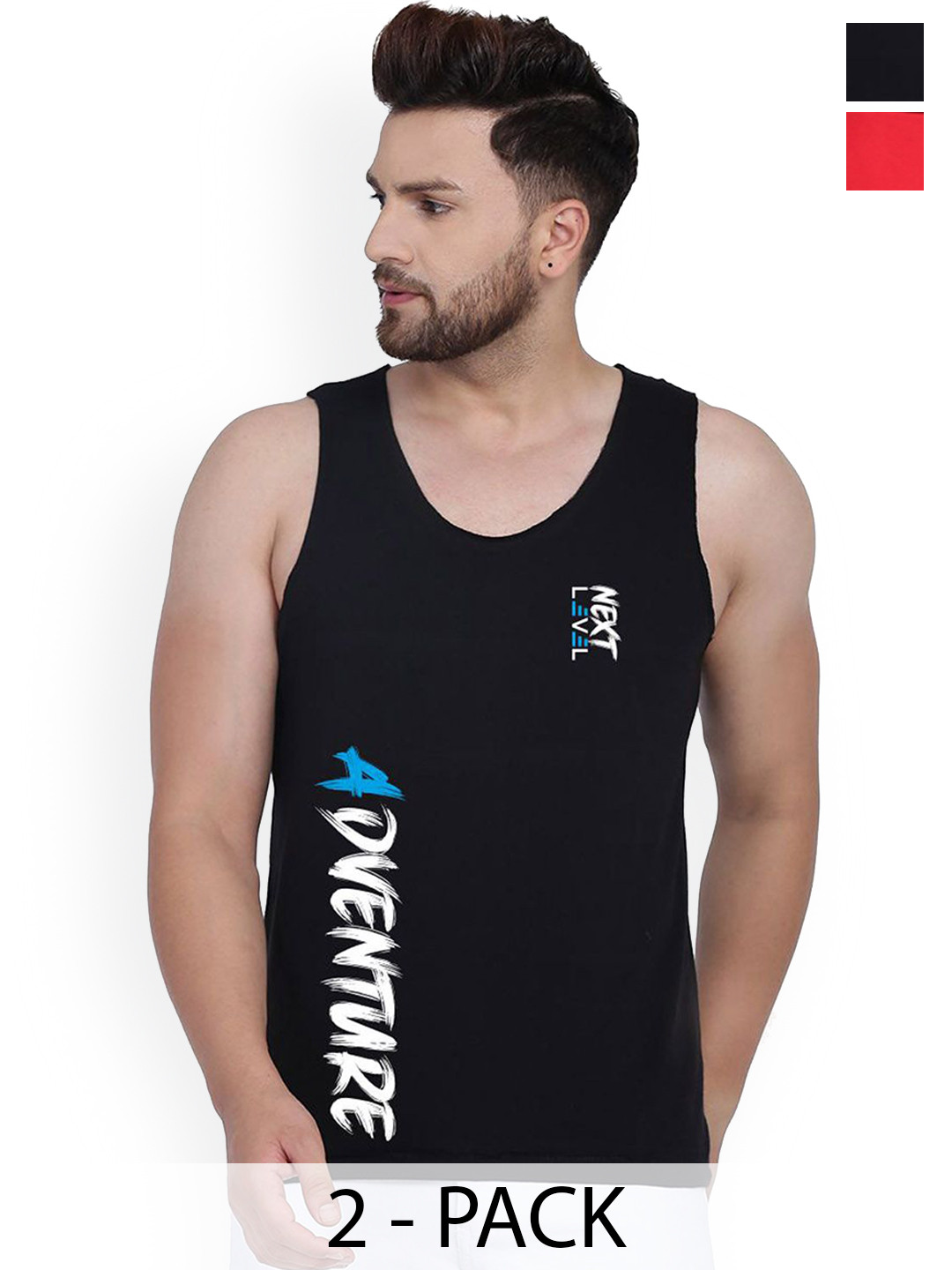 

SLOWLORIS Pack of 2 Men Printed Round Neck Sleeveless Innerwear Vests, Black