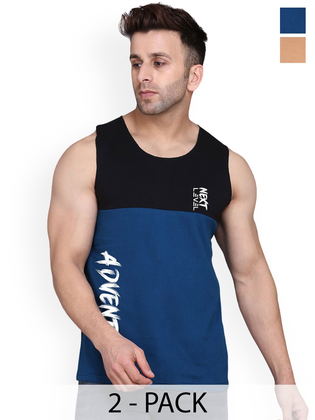 

SLOWLORIS Men Pack Of 2 Printed Gym Innerwear Vests, Navy blue