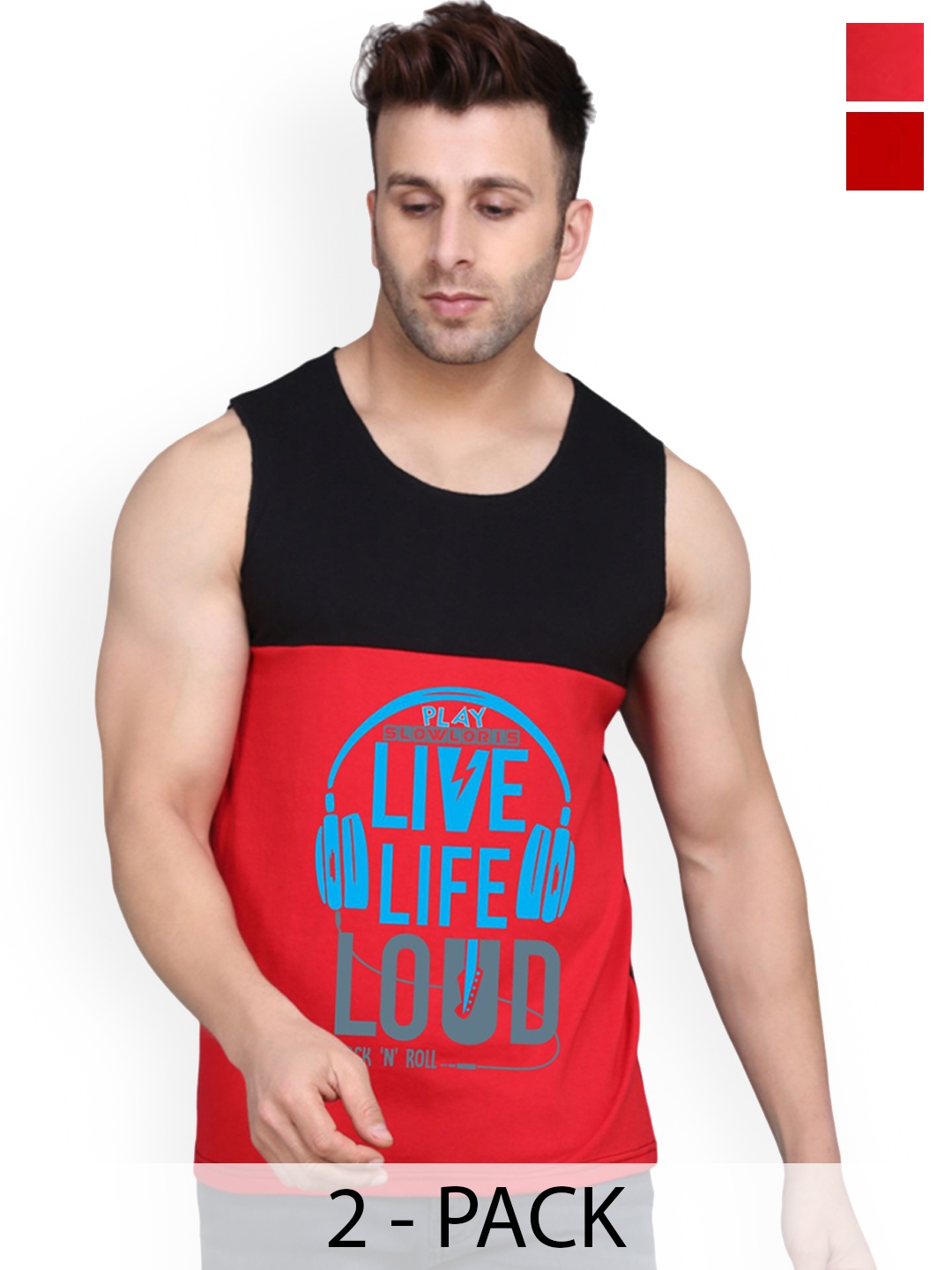 

SLOWLORIS Men Pack Of 2 Printed Cotton Gym Innerwear Vests, Black