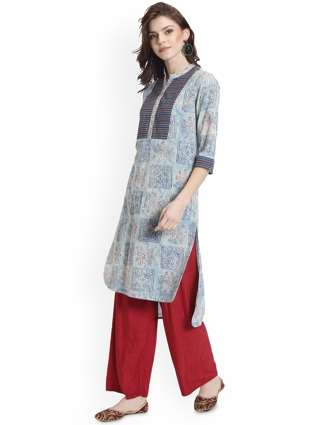 

Anouk Blue Ethnic Motifs Printed Mandarin Collar Cotton A-Line Kurta