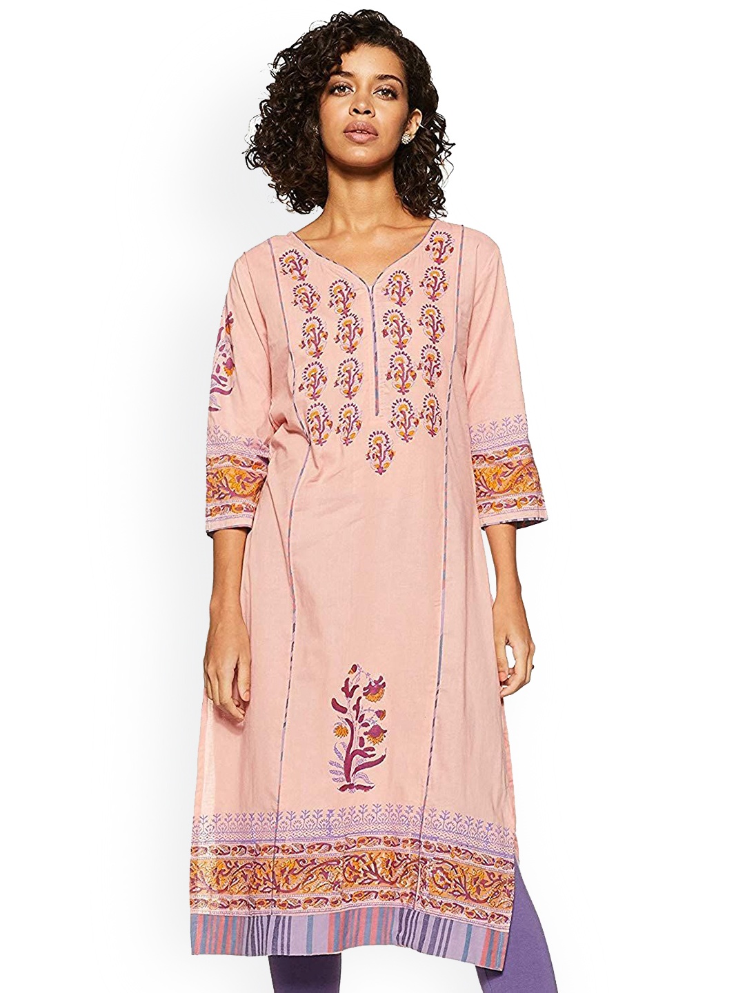 

Anouk Floral Embroidered V-Neck Thread Work Straight Kurta, Pink