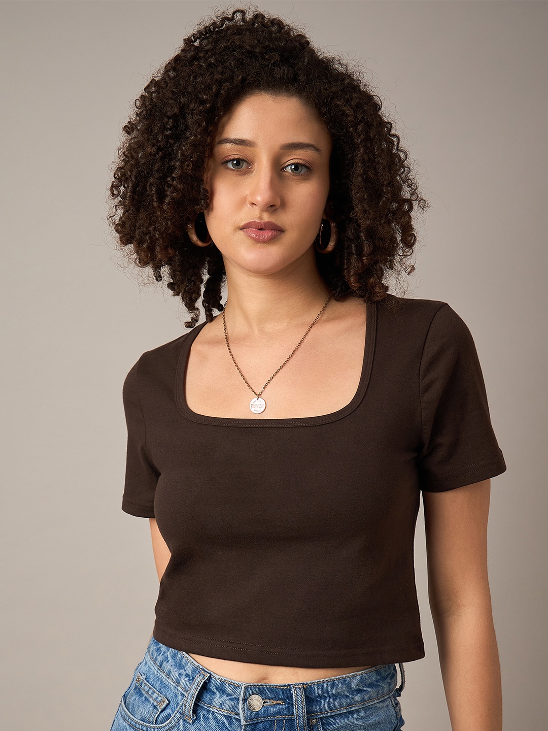 

The Roadster Lifestyle Co Cotton Crop T-Shirt, Brown