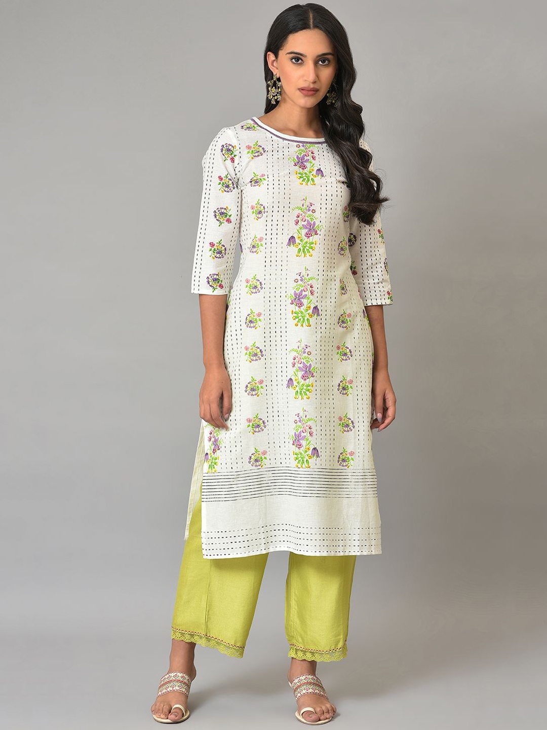 

W Floral Printed Round Neck Cotton Straight Kurta, White