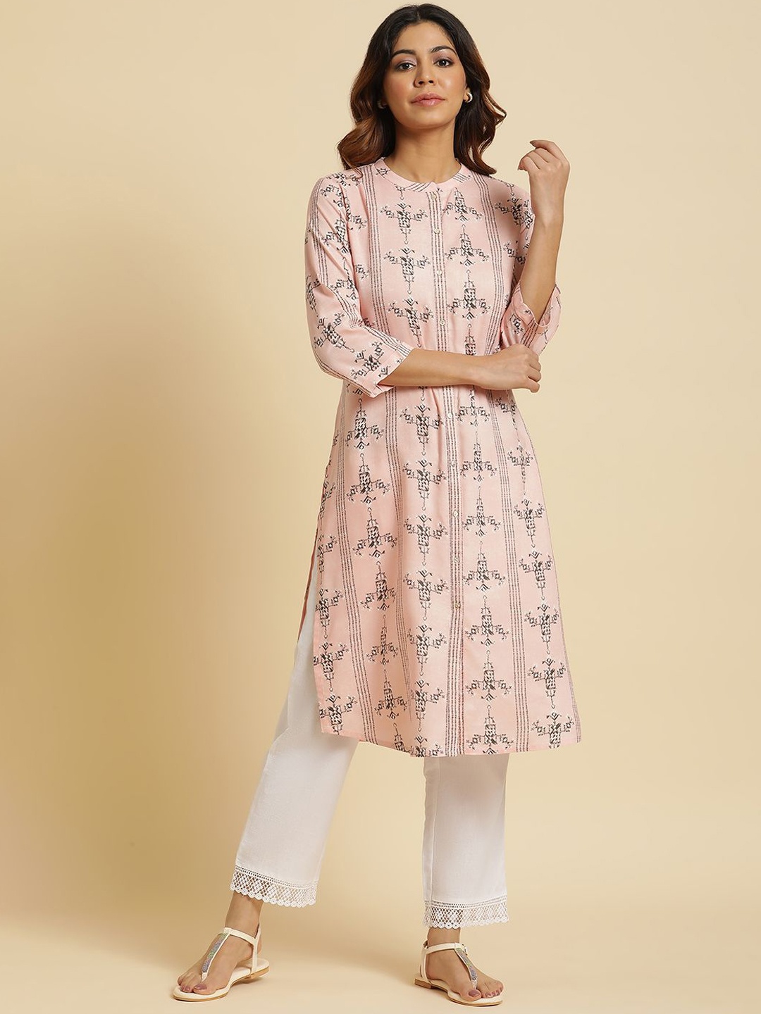 

W Abstarct Printed Mandarin Collar Straight Kurta, Pink