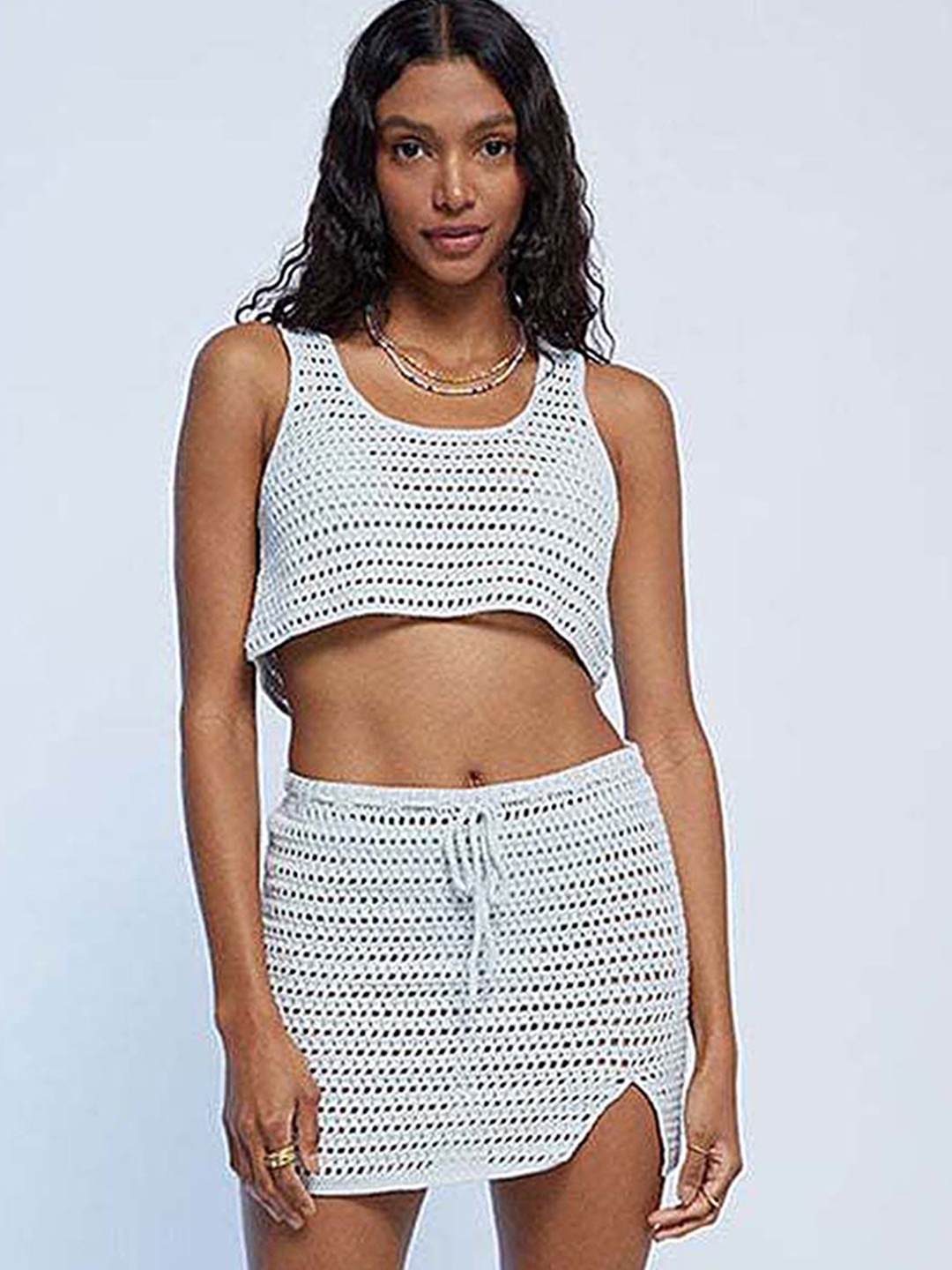 

LULU & SKY Self Design Crochet Knit Top With Skirt, Blue