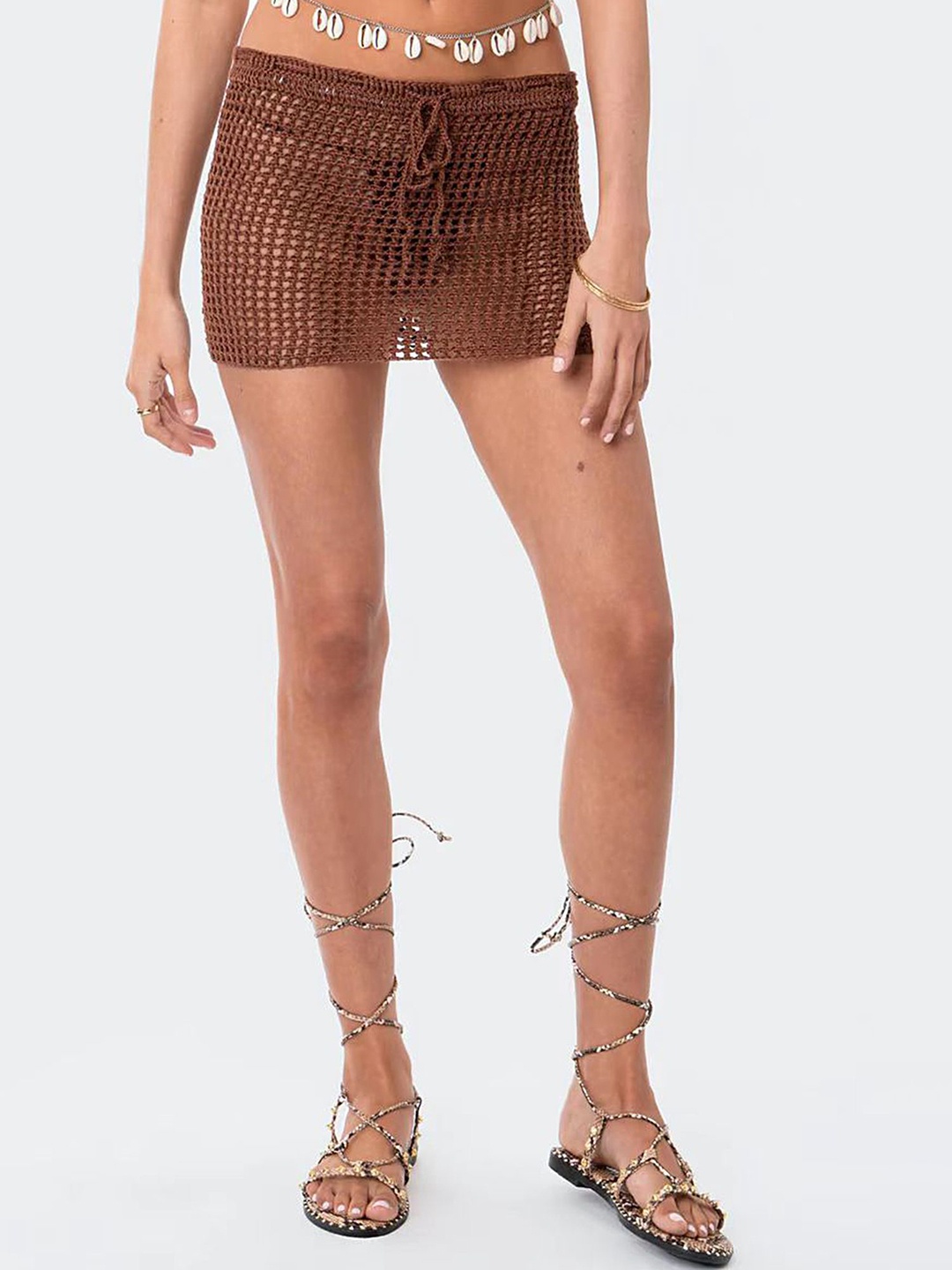 

LULU & SKY Crochet Self Design Crochet V-Neck Top With Skirt, Coffee brown