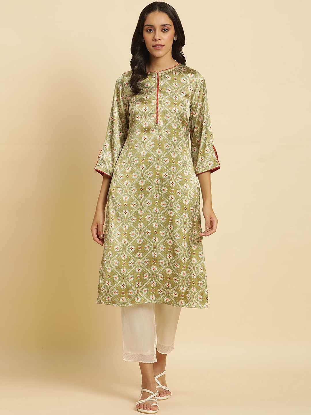 

W Green Ethnic Motifs Printed Flared Sleeves Thread Work Straight Kurta