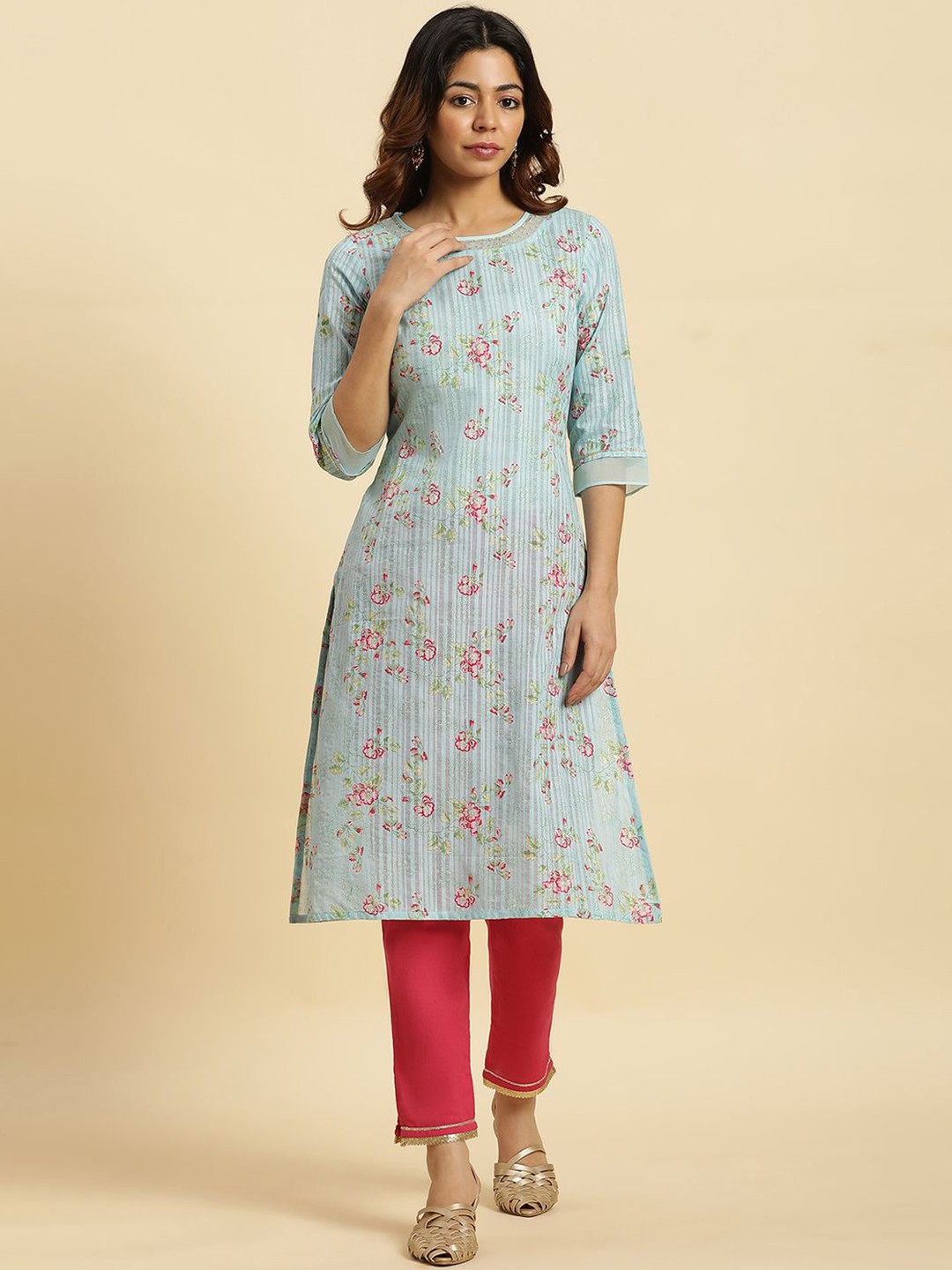 

W Blue Floral Printed Sequinned Cotton Straight Kurta