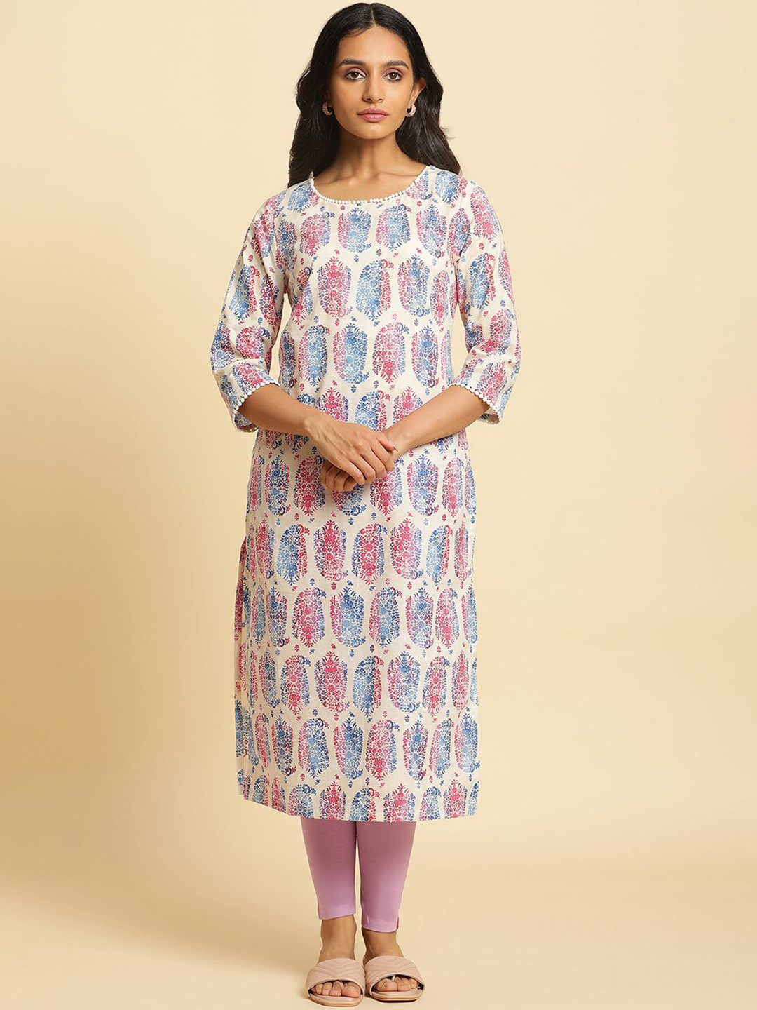 

W Round Neck Ethnic Motifs Printed Cotton Straight Kurta, White