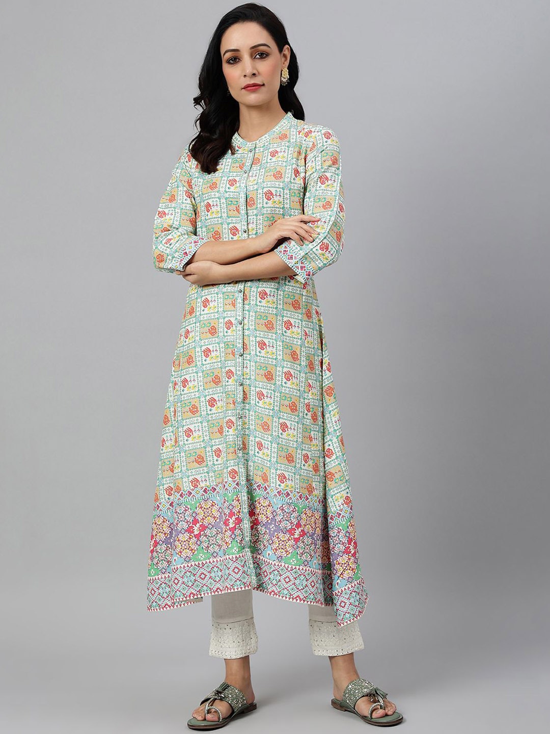 W Mandarin Collar Floral Printed A-Line Kurta, White