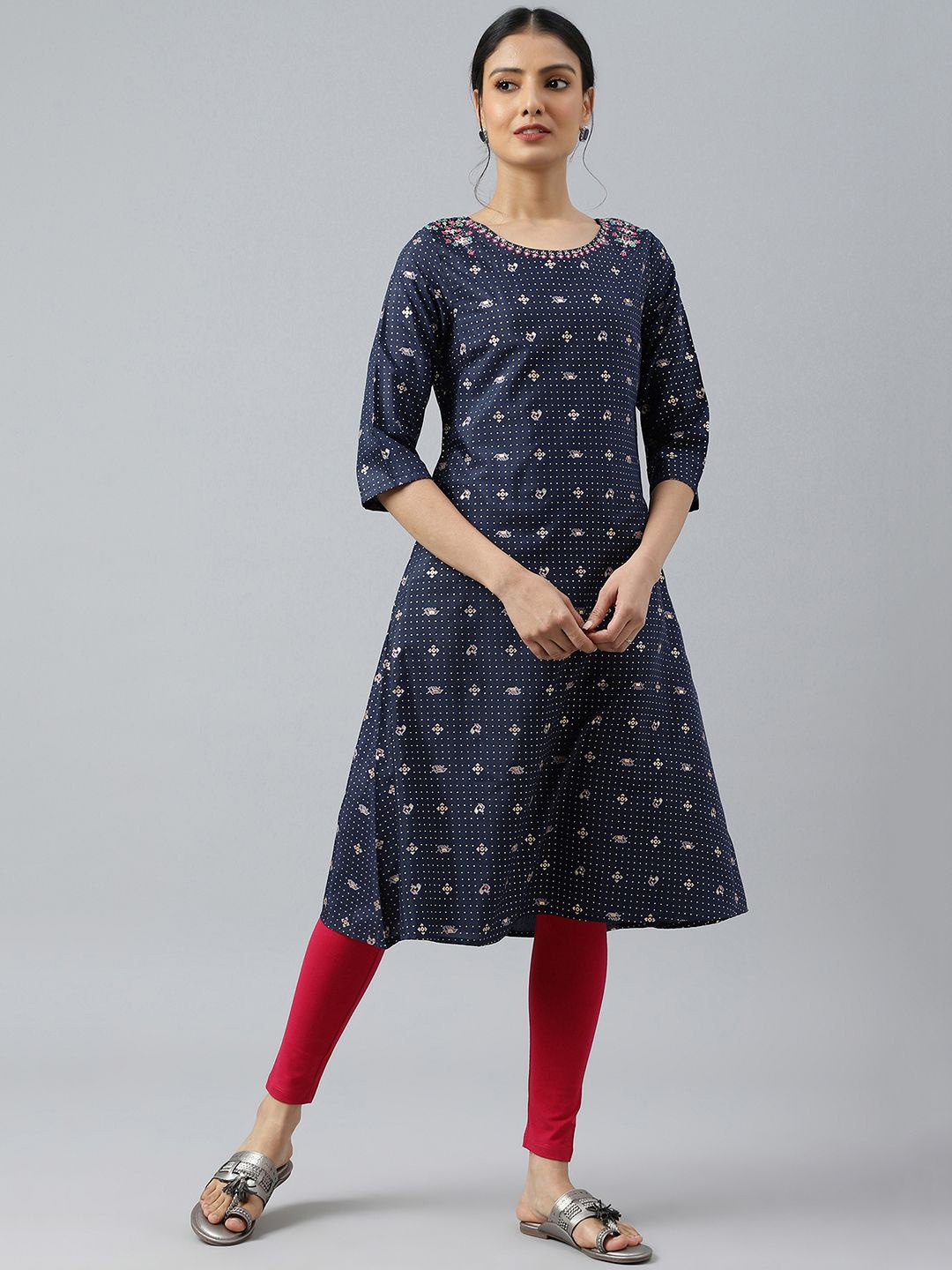 

W Geometric Woven Design Thread Work A-Line Kurta, Blue