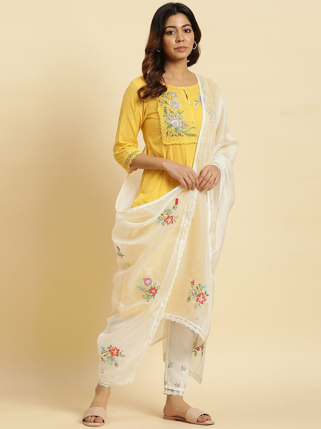 

W Embroidered Keyhole Neck Thread Work Straight Kurta, Yellow