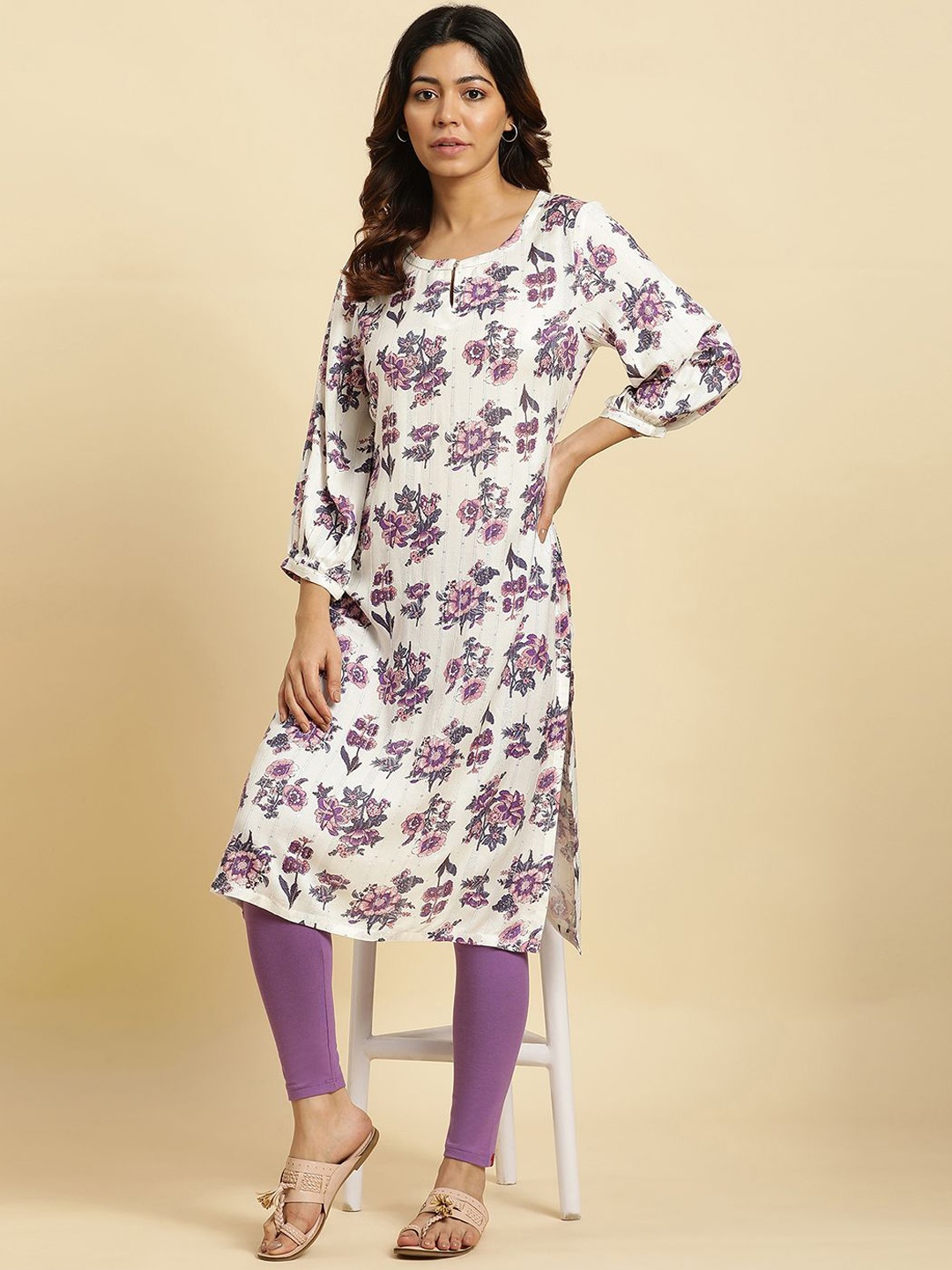 

W Floral Printed Keyhole Neck Flared Sleeves Sequinned Straight Kurta, White