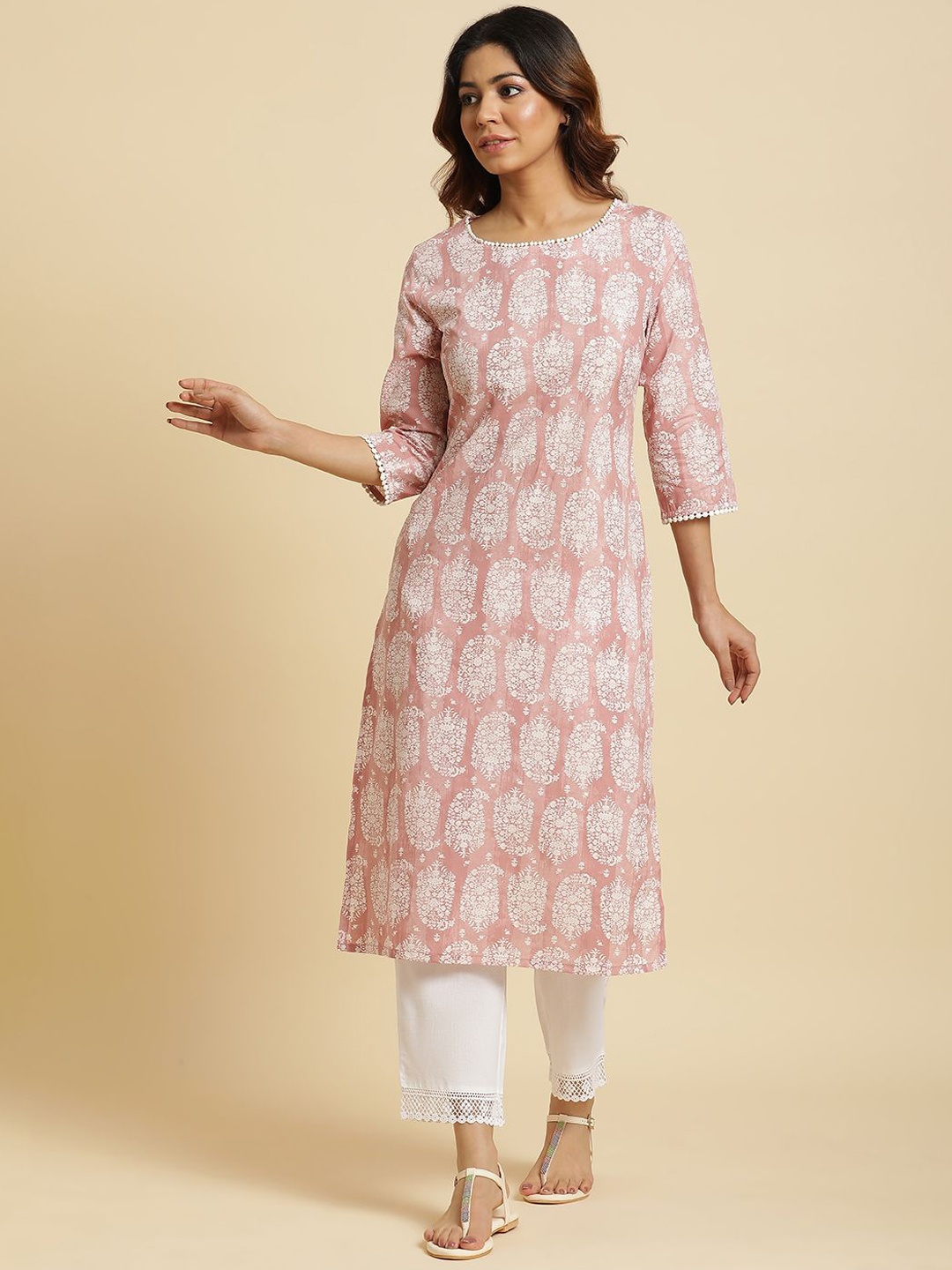 

W Ethnic Motifs Printed Round Neck Cotton Straight Kurta, Pink