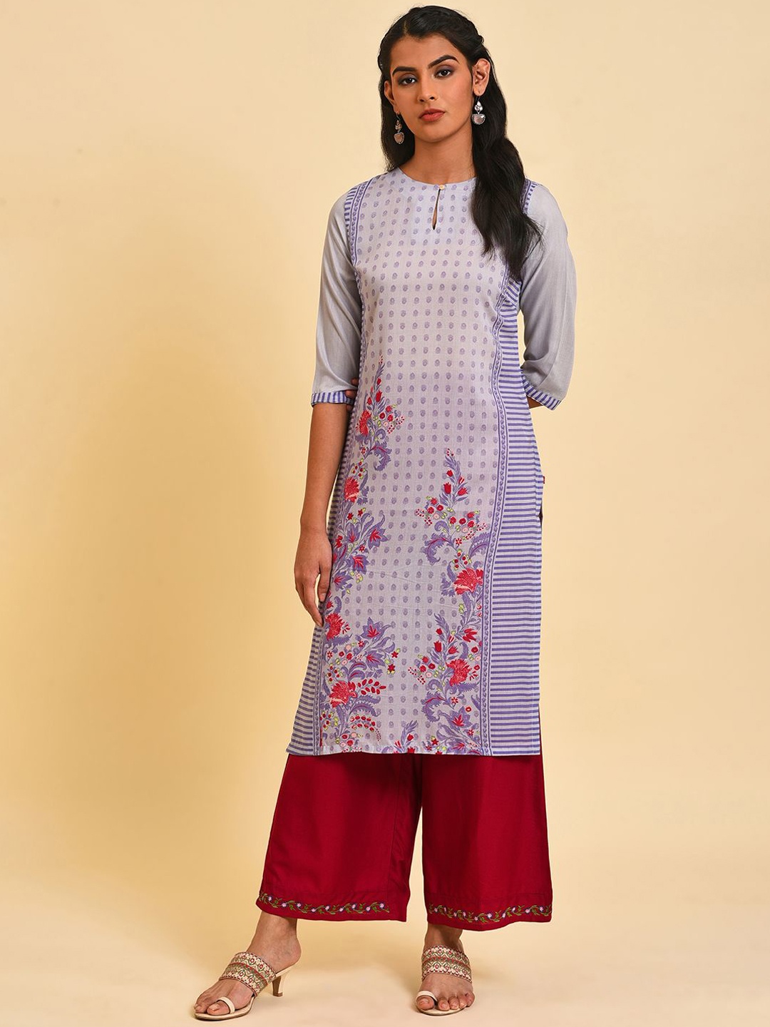 

W Floral Printed Keyhole Neck Straight Kurta, Purple