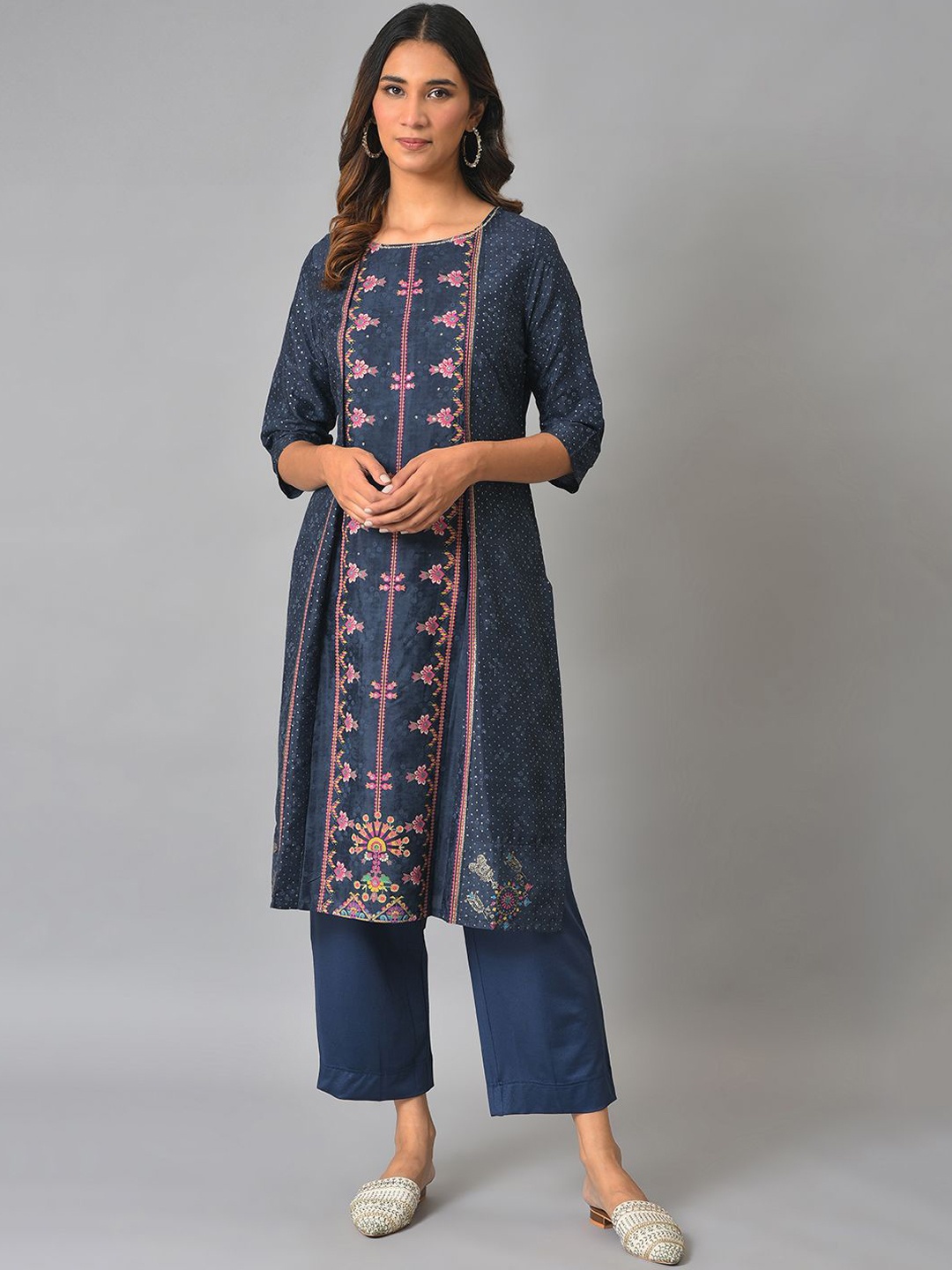 

W Floral Printed Mock Layered Straight Kurta, Blue