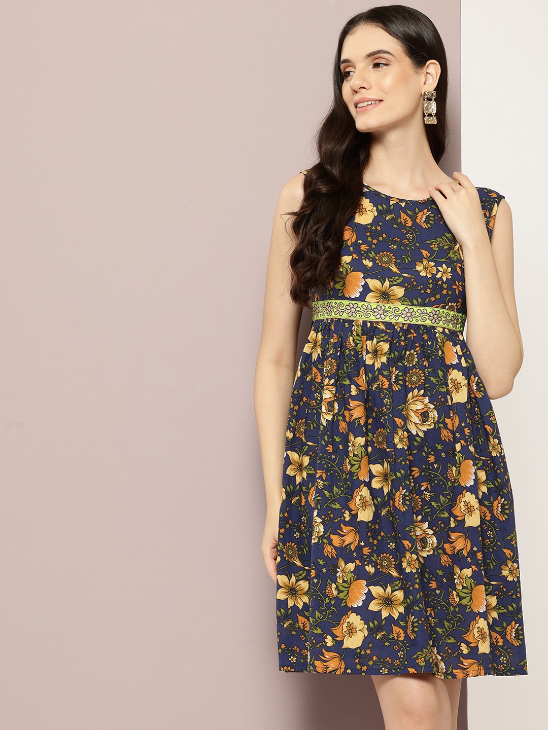 

aaliya Floral Print A-Line Dress, Navy blue