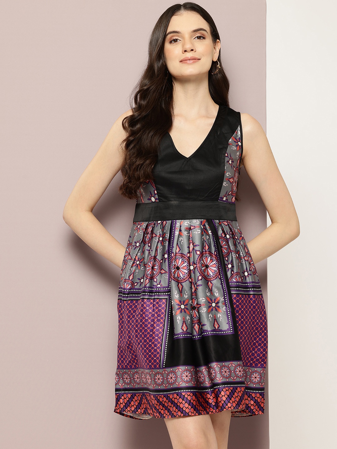 

aaliya Ethnic Motifs Print Satin Fit & Flare Dress, Black
