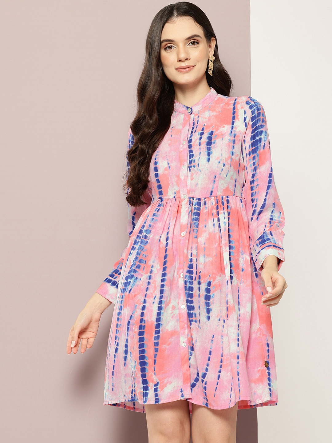 

aaliya Print Mandarin Collar Crepe A-Line Dress, Pink