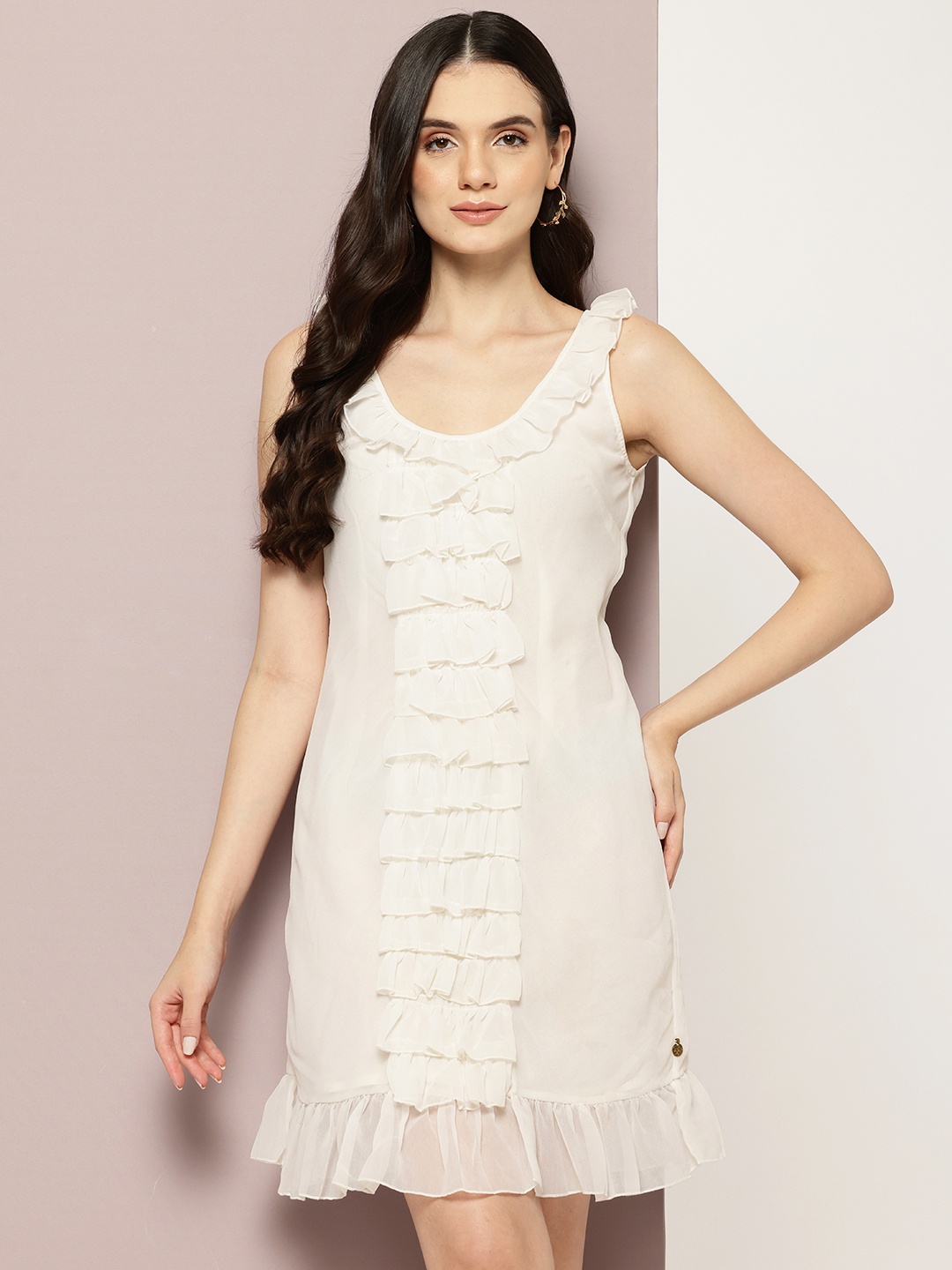 

aaliya Ruffled Georgette A-Line Dress, White