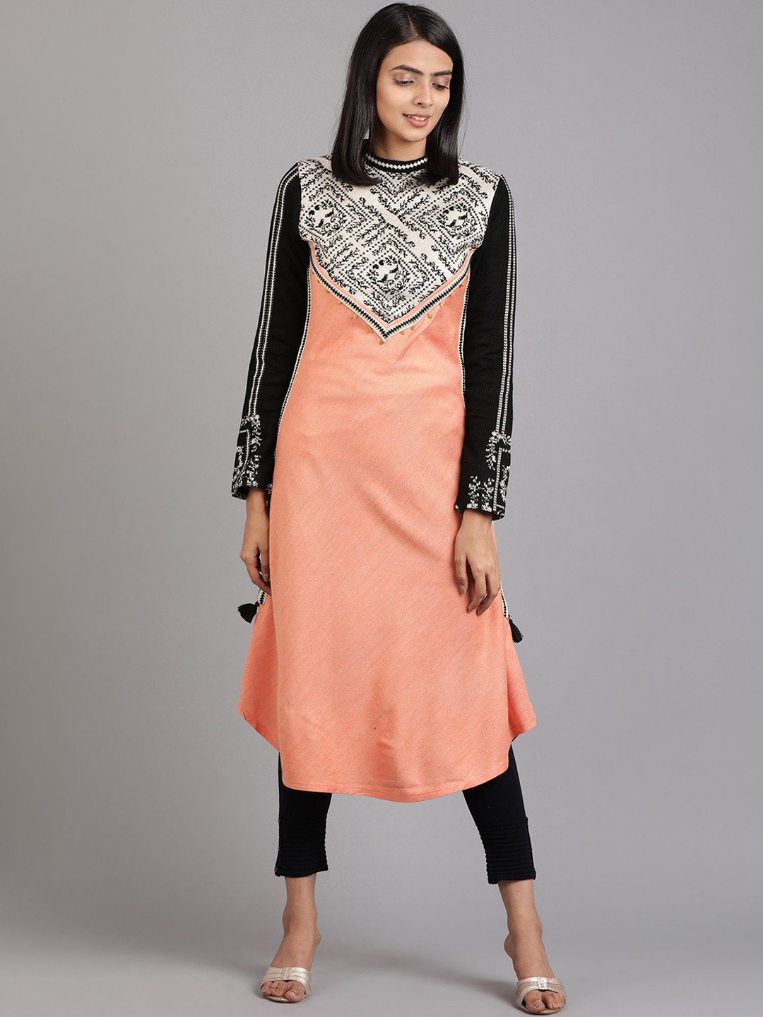 

W Peach-Coloured Abstract Yoke Design High Neck Cotton A-Line Kurta