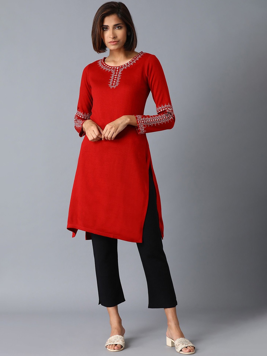 

W Floral Embroidered Thread Work Acrylic Straight Kurta, Red