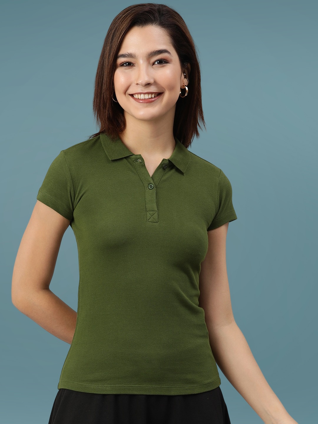 

DressBerry Women Solid Polo Collar Slim Fit T-shirt, Olive