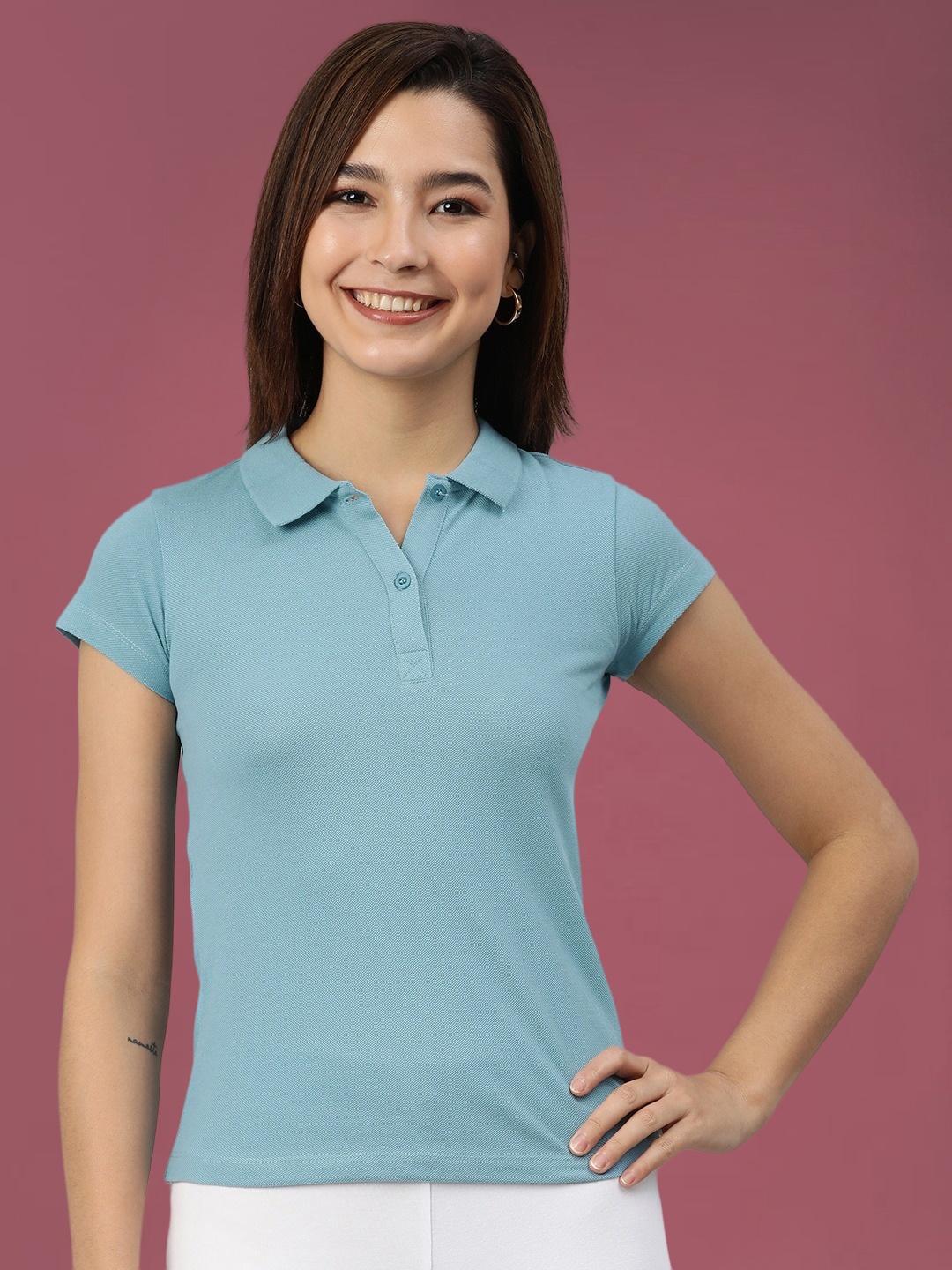 

DressBerry Women Solid Polo Collar Slim Fit T-shirt, Blue