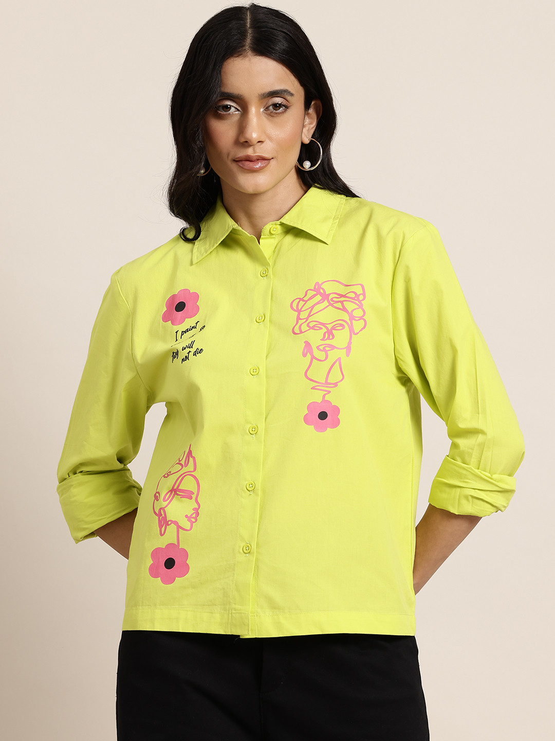 

HERE&NOW Women Pure Cotton Printed Casual Shirt, Lime green