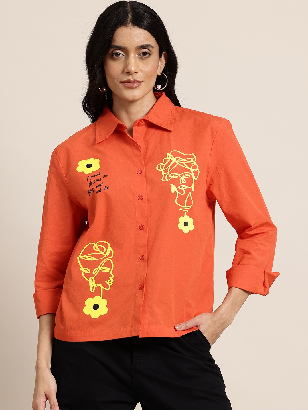 

HERE&NOW Women Pure Cotton Printed Casual Shirt, Orange