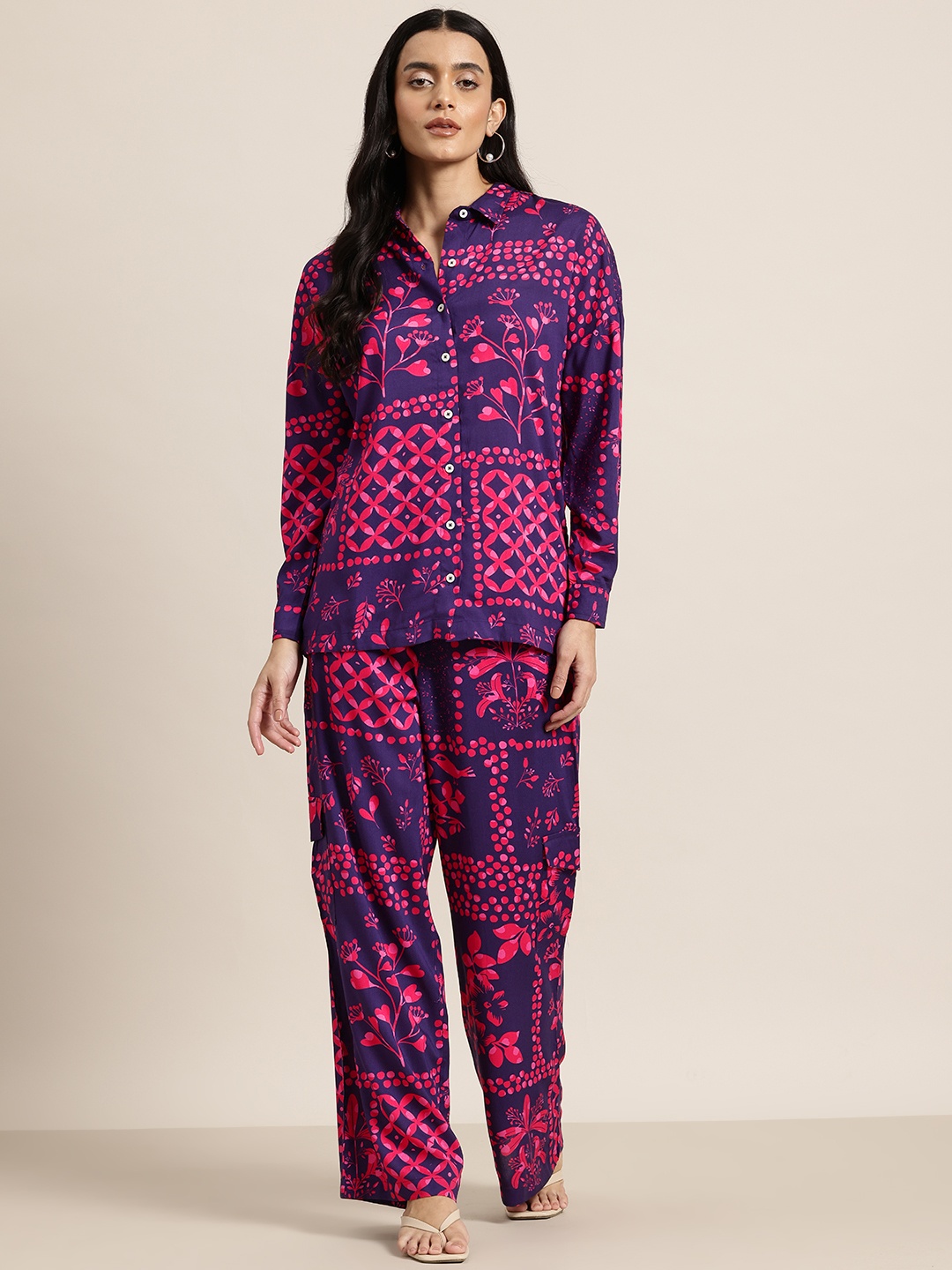 

HERE&NOW Printed Shirt With Trousers Co-Ord Set, Purple