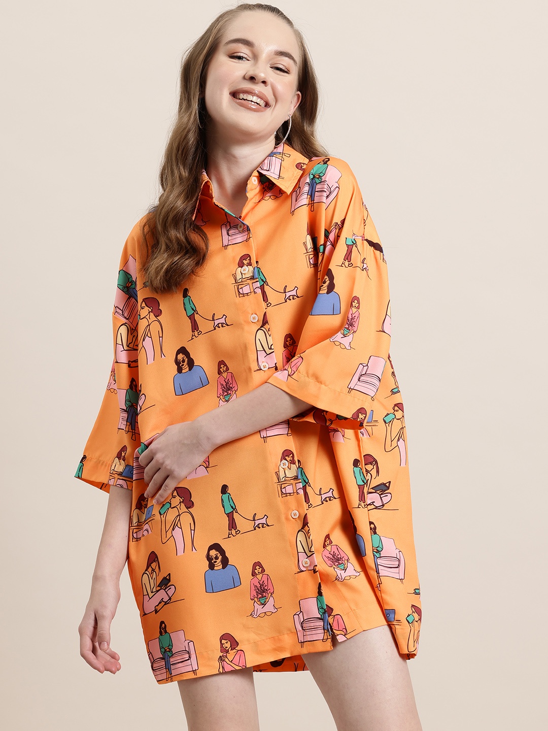 

HERE&NOW Printed Oversized Shirt Mini Dress, Orange