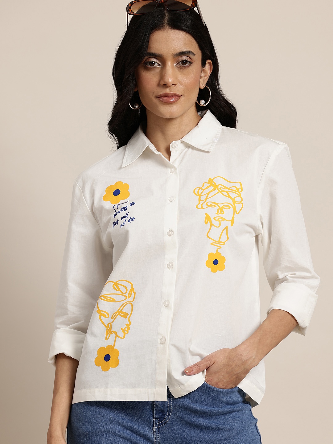 

HERE&NOW Women Pure Cotton Printed Casual Shirt, White