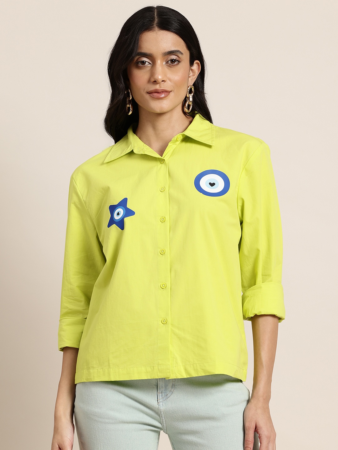 

HERE&NOW Women Pure Cotton Printed Casual Shirt, Green