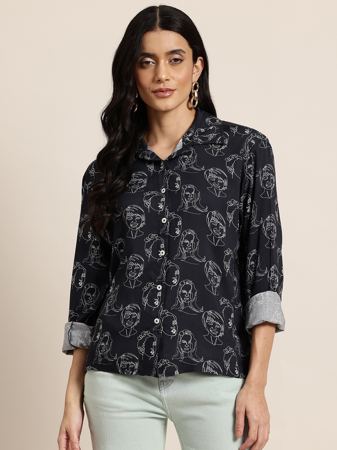 

HERE&NOW Women Printed Casual Shirt, Black