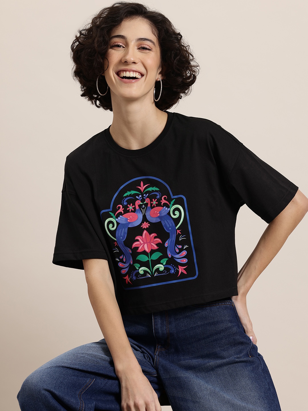 

HERE&NOW Women Printed Drop-Shoulder Sleeves Boxy T-shirt, Black